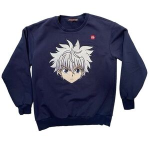 jynwaye blue killua embroidered crewneck sweatshirt from hunter x hunter.